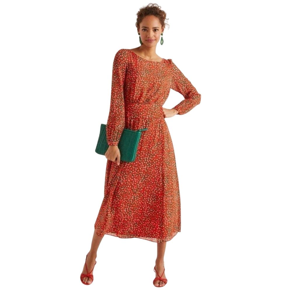 Boden Ingrid Orange Sunset Speckle Long Sleeve Flowy Crew Neck Midi Dress 10P